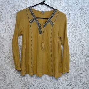 Sonoma Goods For Life Mustard Yellow Embroidered Boho Tassel Blouse Small